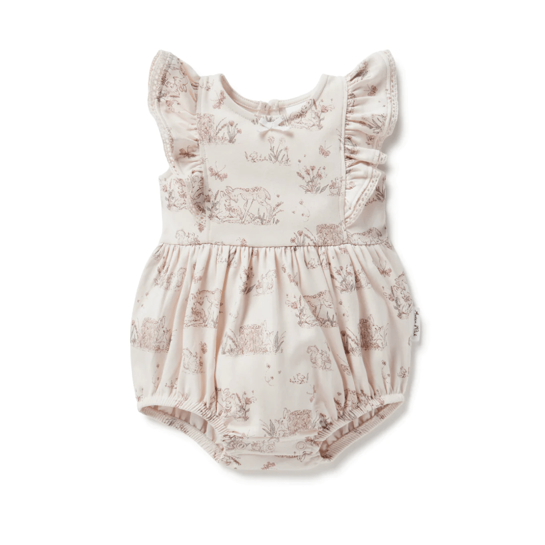 Aster & Oak Organic Cotton Meadow Bubble Romper with adorable animals and ruffles.