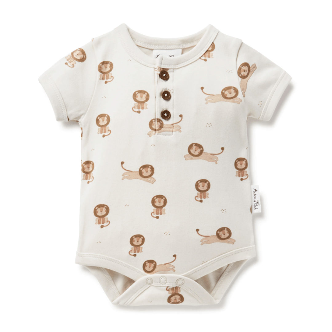 Aster & Oak Organic Cotton AOP Henley Onesie with lion pattern design on a white background, made from organic cotton.