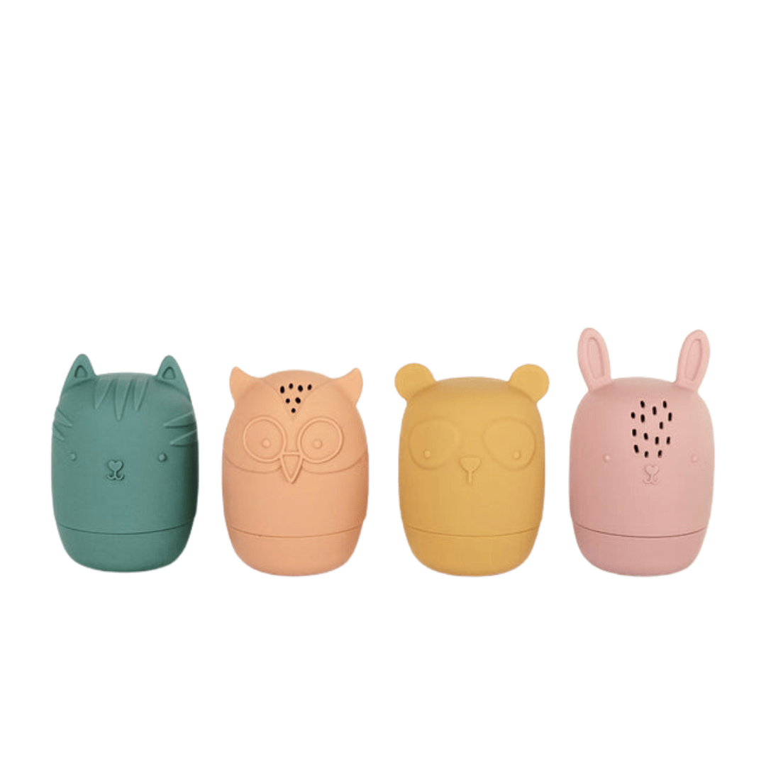 A set of four Classical Child silicone animal-shaped mugs in different colors, perfect for developing fine motor skills.