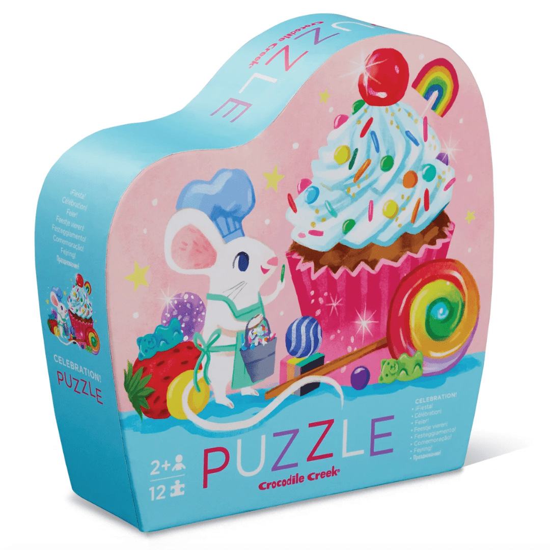 A Crocodile Creek 12-Piece Mini Puzzle (Multiple Variants) featuring a cute mouse and a delicious cupcake.