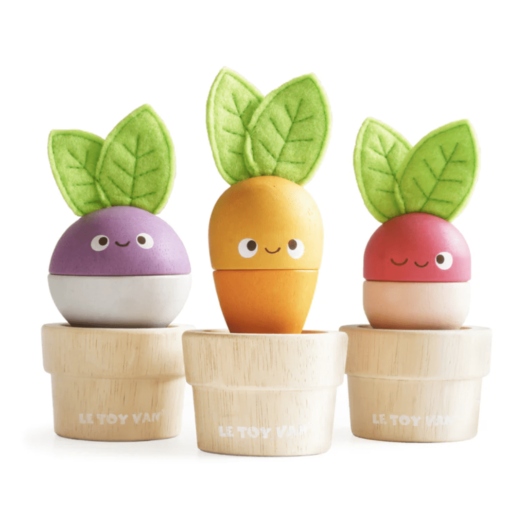 A set of three Le Toy Van Stacking Veggies in pots with leaves on them, perfect for stacking and playing with. These Le Toy Van Stacking Veggies are made from high-quality wood and are a great addition.