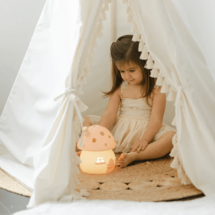 Little-Girl-Sitting-In-Tent-With-Little-Belle-Nightlights-Ceramic-Nightlight-Fairy-House-Naked-Baby-Eco-Boutique