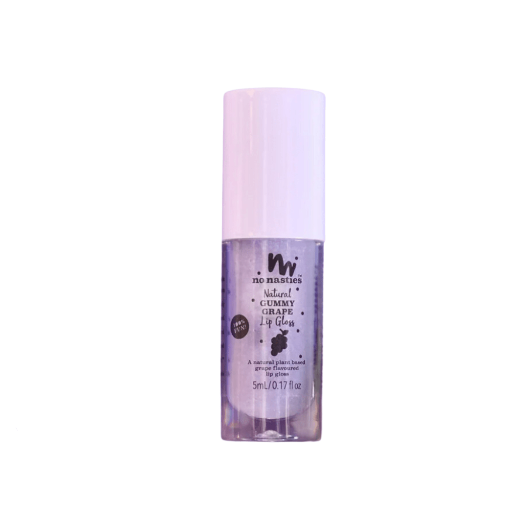 A bottle of No Nasties All-Natural Kids Lip Gloss (Multiple Variants) with a white lid on a white background is the product description.