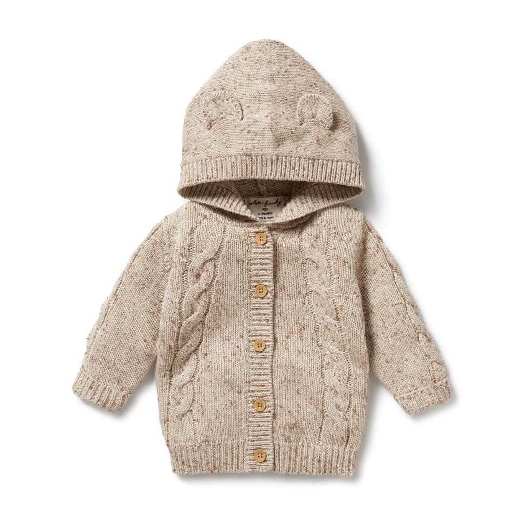 Beige knitted children's Wilson & Frenchy Cable Knit Hooded Jacket with hood on a white background.