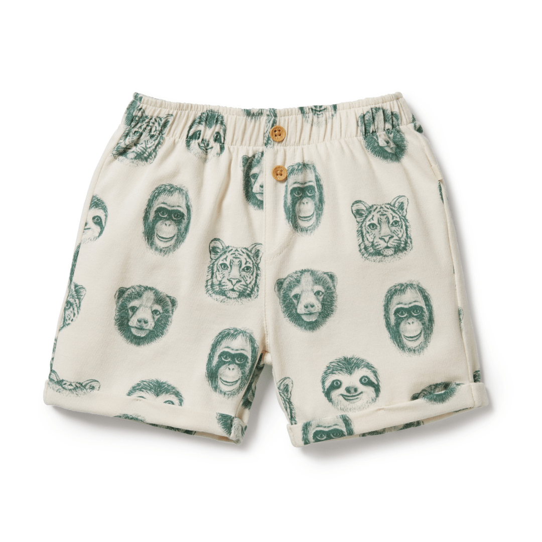 Wilson & Frenchy LUCKY LASTS - HELLO JUNGLE Organic Cotton Kids Shorts with animal faces print on a white background.