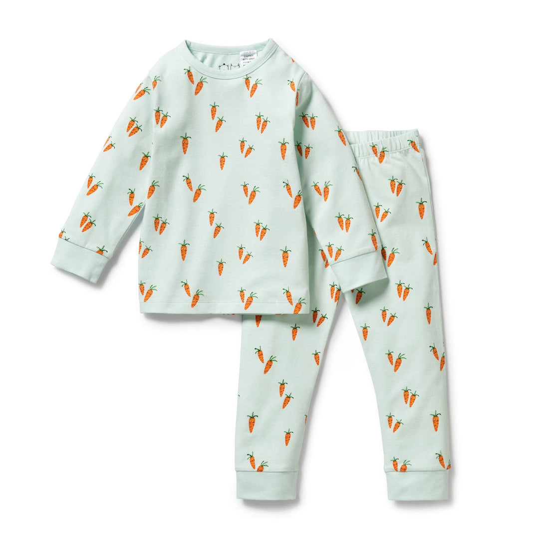 Wilson & Frenchy Organic Long Sleeve Easter Pyjamas set with carrot print on a white background.