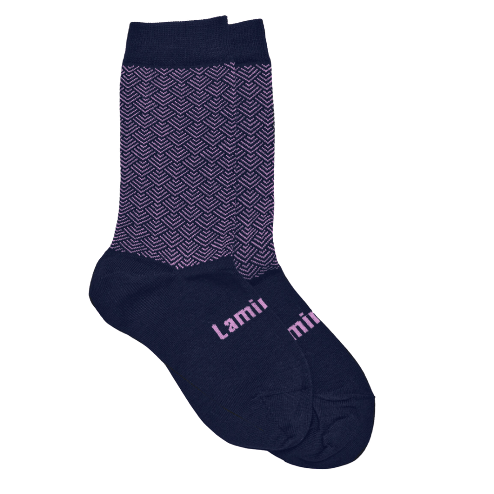 Quinn (Navy/Lilac Pattern) / 2-4 Years NEW 2023 Lamington Merino Wool Crew Socks (Multiple Patterns) - Naked Baby Eco Boutique