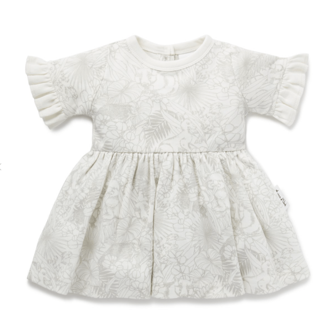 An Aster & Oak Organic Animal Frill Skater Dress - LUCKY LAST - 2 YEARS in white with floral frill ruffles.