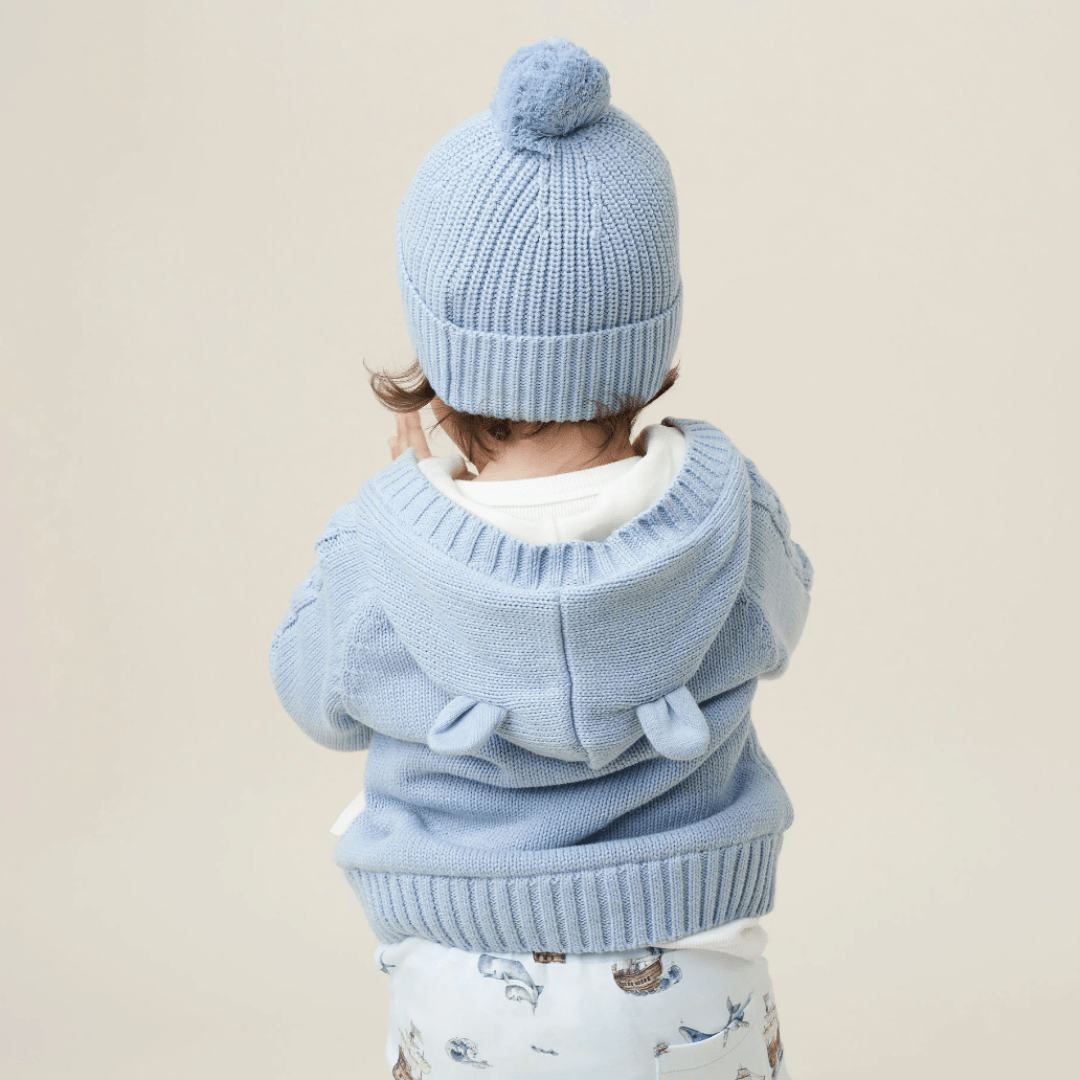 Close-up-Back-View-of-Aster-and-Oak-Organic-Cotton-Pom-Pom-Beanie-Fog-Fleck-Naked-Baby-Eco-Boutique