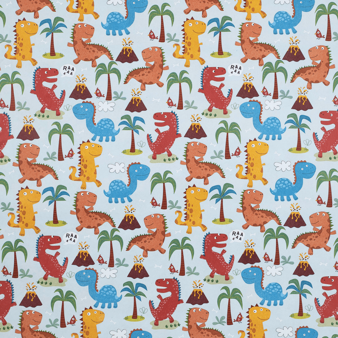 A vibrant dinosaur fabric featuring palm trees, perfect for wrapin gift wrap or greeting cards.