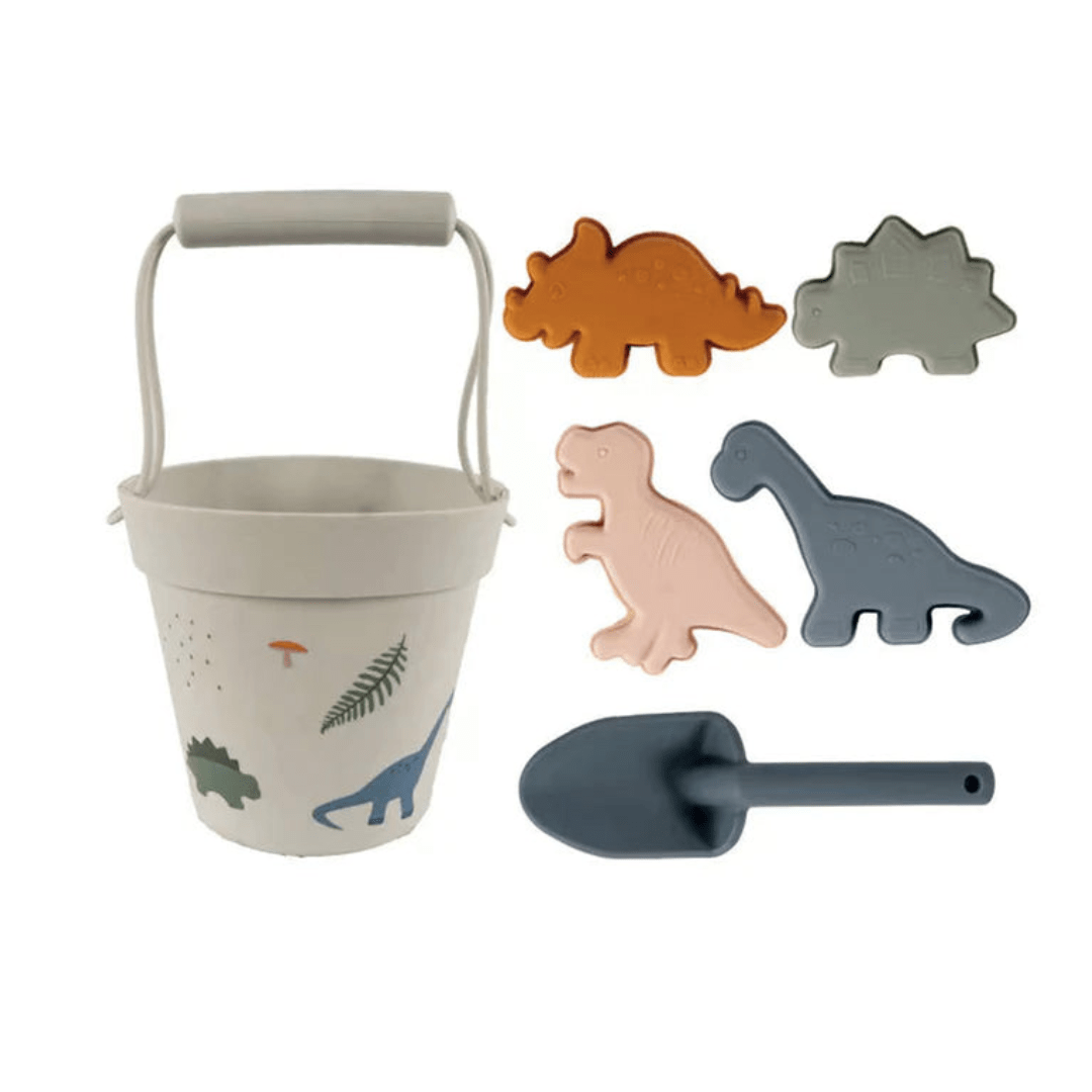 An eco-friendly Classical Child Silicone Sand Set consisting of a bucket with dinosaurs and a shovel, made from silicone.
