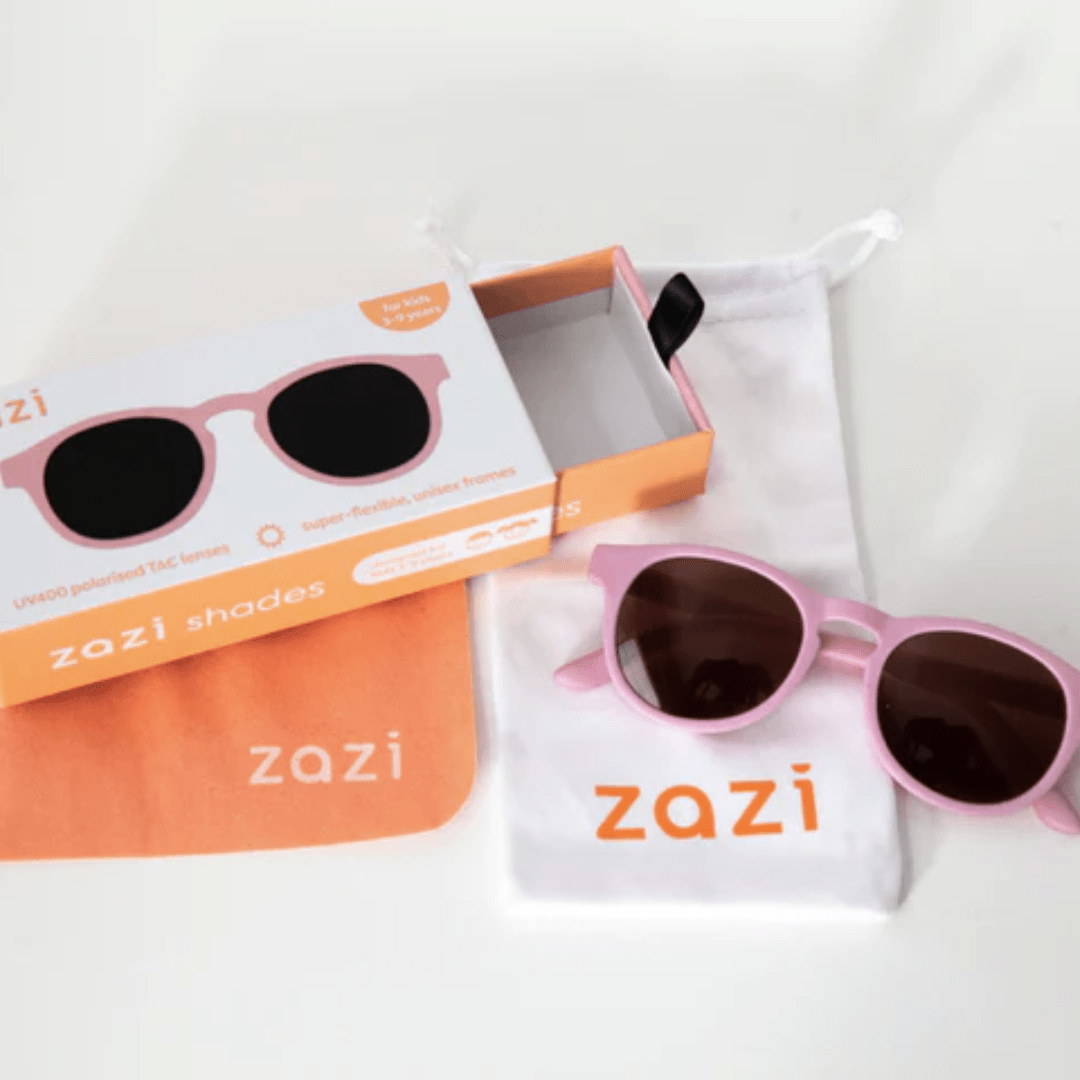 Stay cool and protected during summer days with the stylish designs of these Zazi Shades - Kids 3+ Years sunglasses featuring the word "Zazi" on them.
