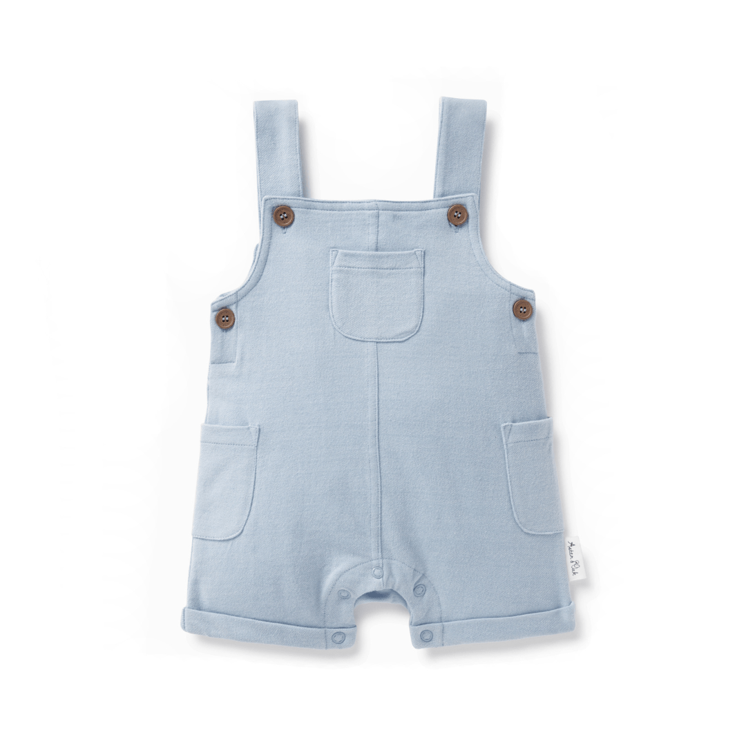 Aster & Oak Chambray Overalls on a white background.