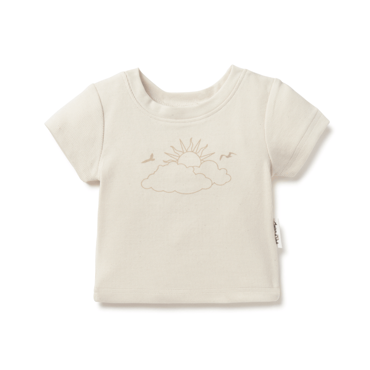 Aster & Oak Organic Cotton Cloud Chaser Rib Tee Cream Coloured Top With Sun & Cloud Drawing - Naked Baby Eco Boutique