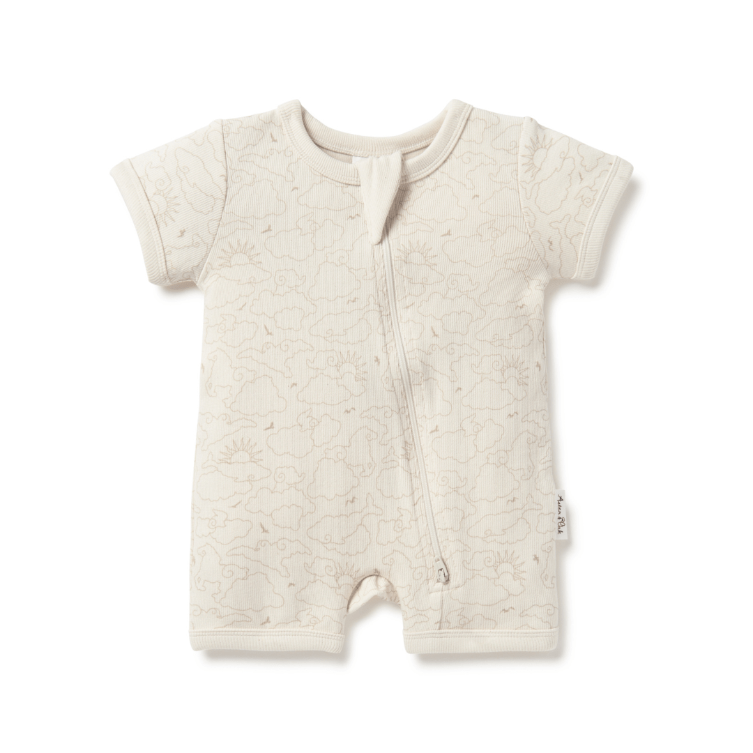 Cream Coloured, Rib Fabric, Boyleg Baby Zipsuit Featuring Aster & Oak Hand-Drawn Cloud Chaser Pattern (Suns & Clouds)