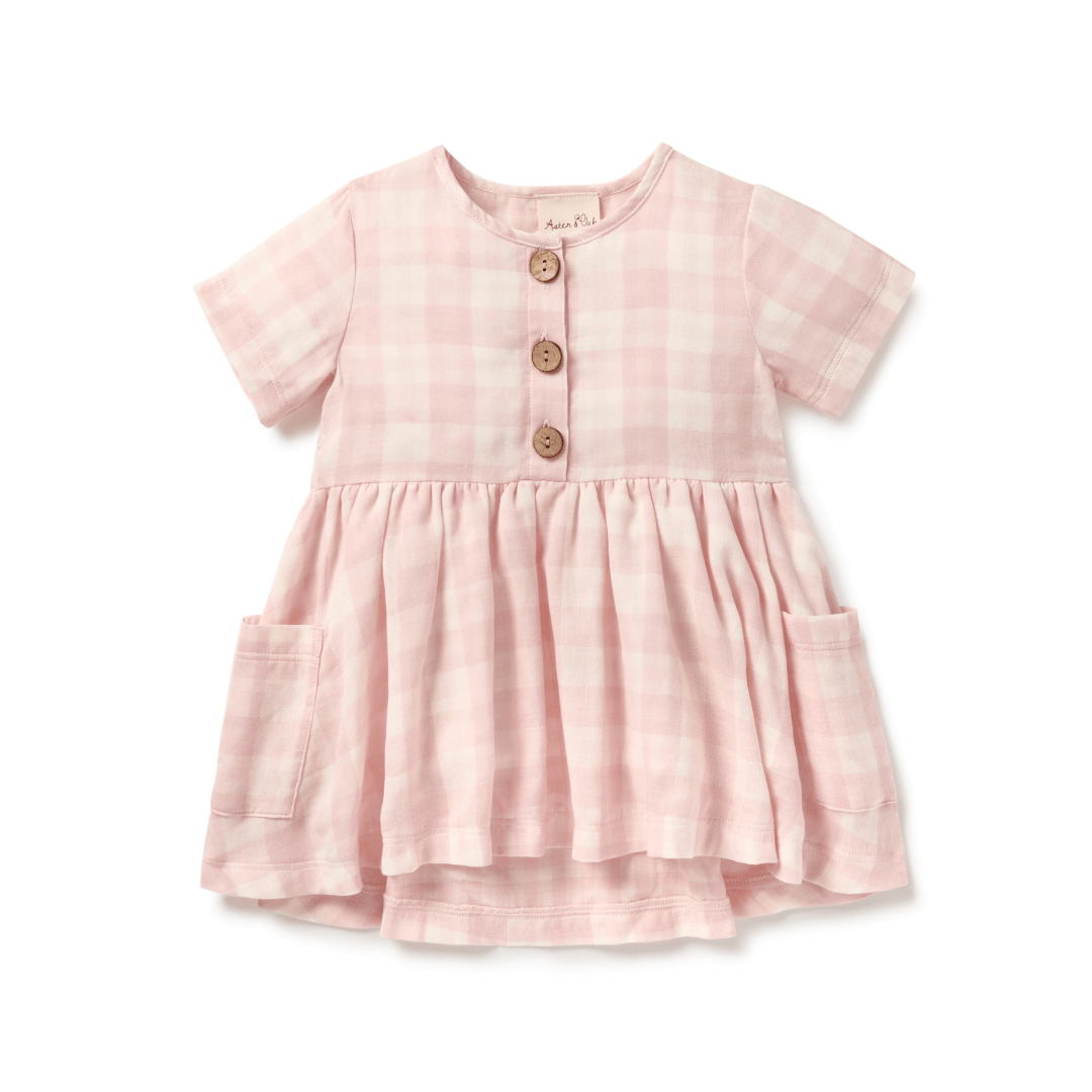 Pink & White Gingham Dress For Babies & Kids, Featuring 3 Faux Coconut Buttons On The Front