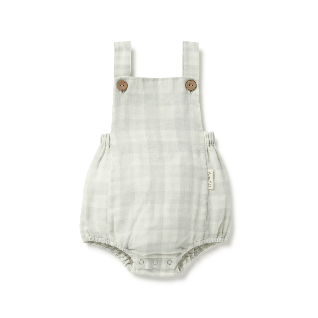 Sage Gingam Baby Playsuit With Coconut Buttons At The Adjustable Straps