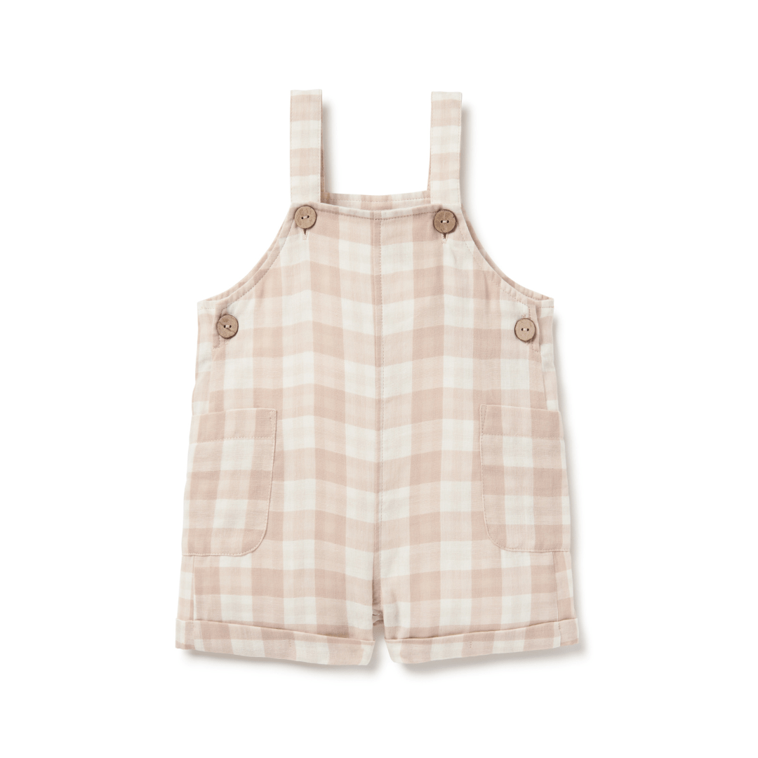 Taupe Gingham Short Overalls For Babies, With Natural Buttons On The Adustable Straps And Cuffed Legs