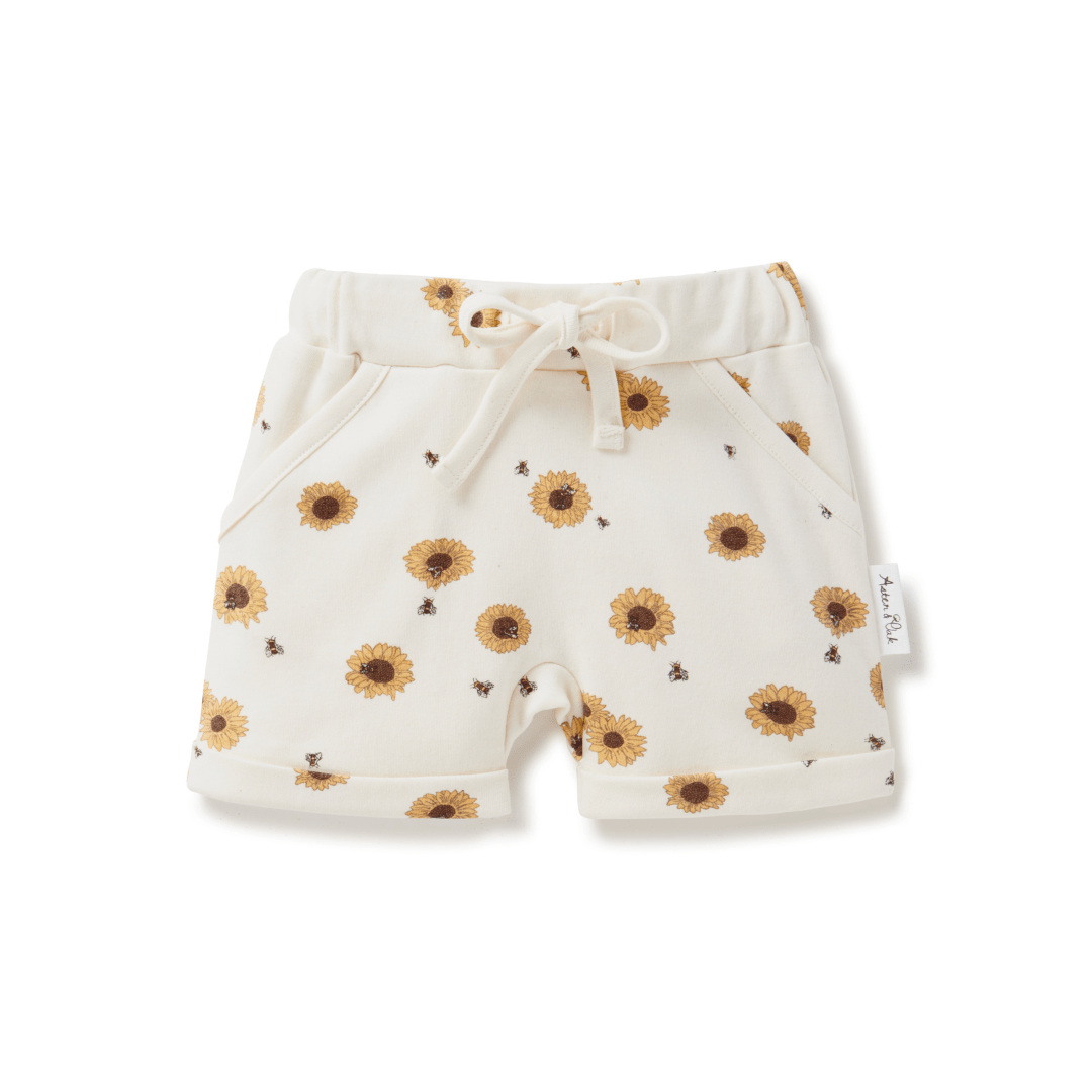 Aster & Oak Organic Cotton Harem Shorts for babies with adjustable drawstring waist tie.