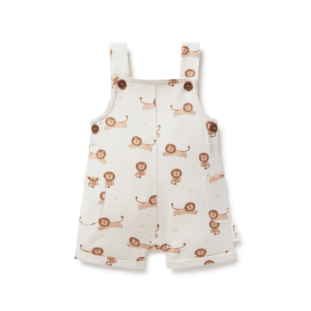 An Aster & Oak Organic Cotton Lion Overalls marked as a final sale OUTLET ITEM.