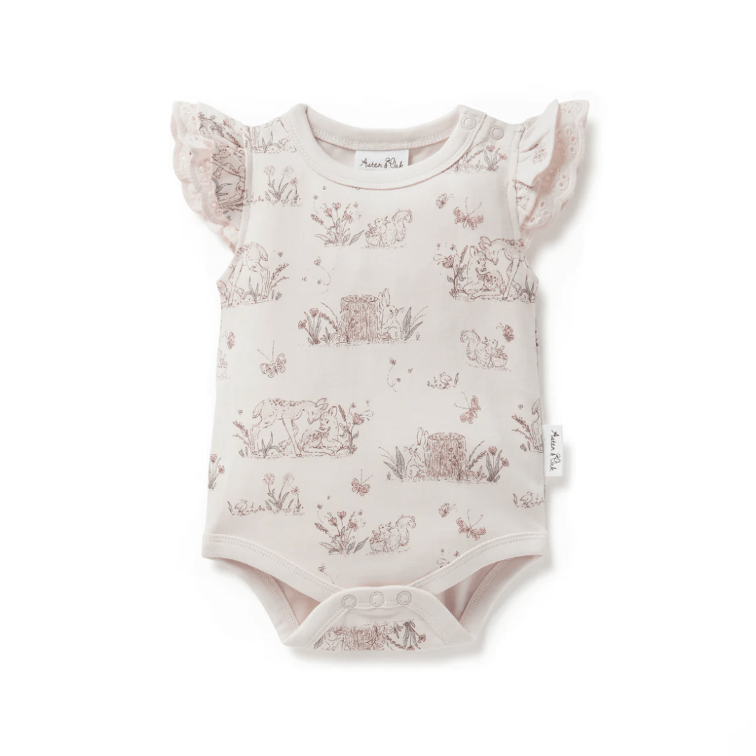 An Aster & Oak Organic Cotton Meadow Flutter Onesie with animals printed on it.