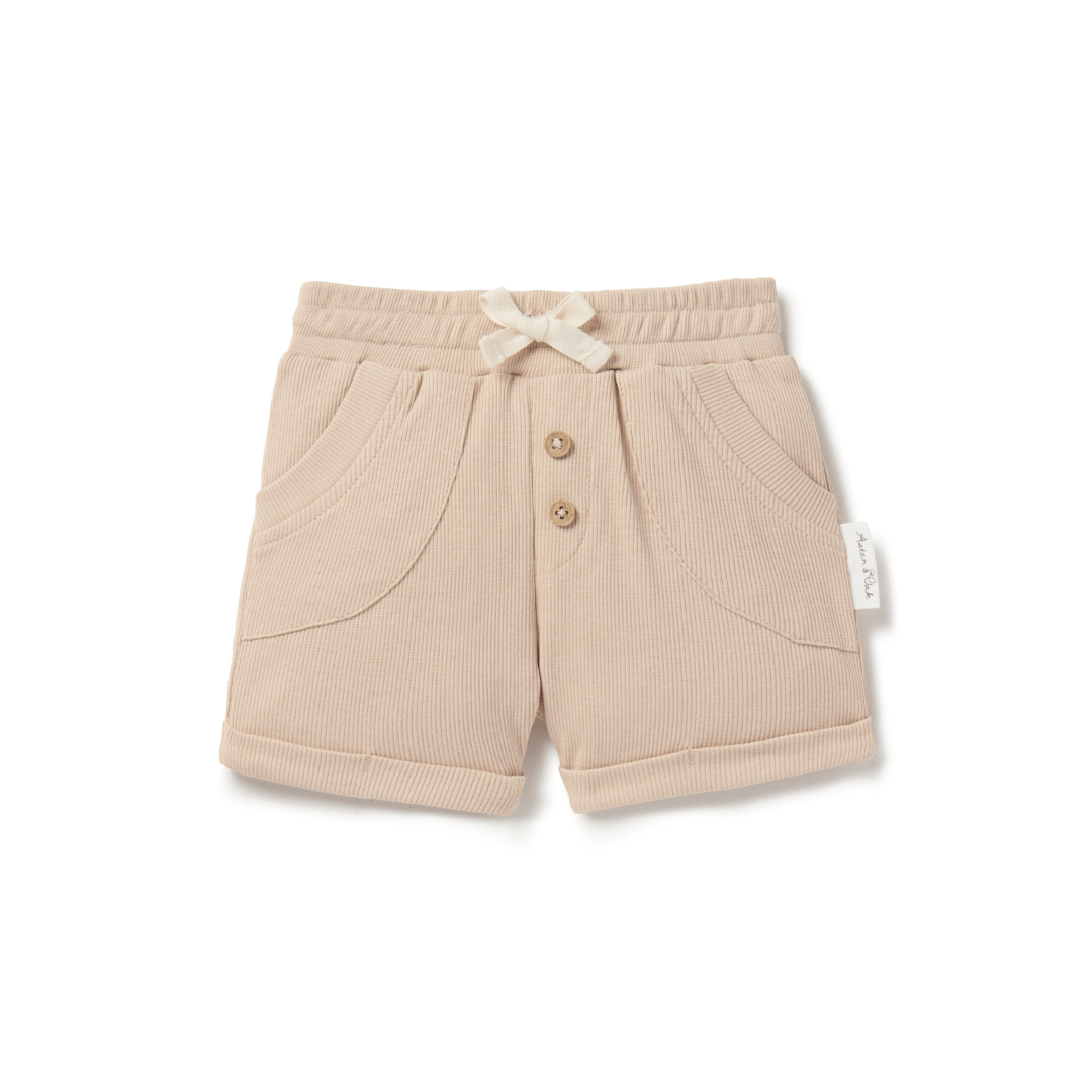 Taupe-coloured rib shorts for babies and kids, featuring pockets and cuffed legs