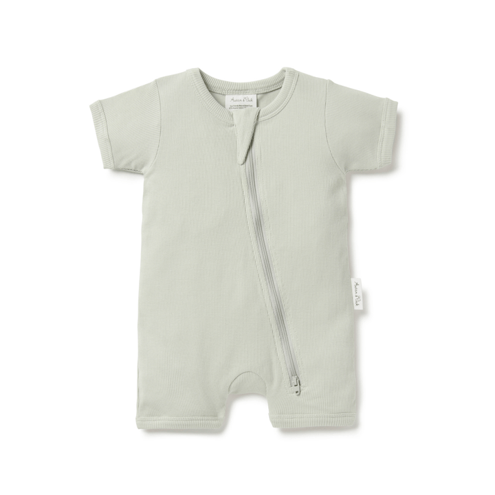 Sage-coloured boyleg zip romper for babies, with angled zipper and short sleeves