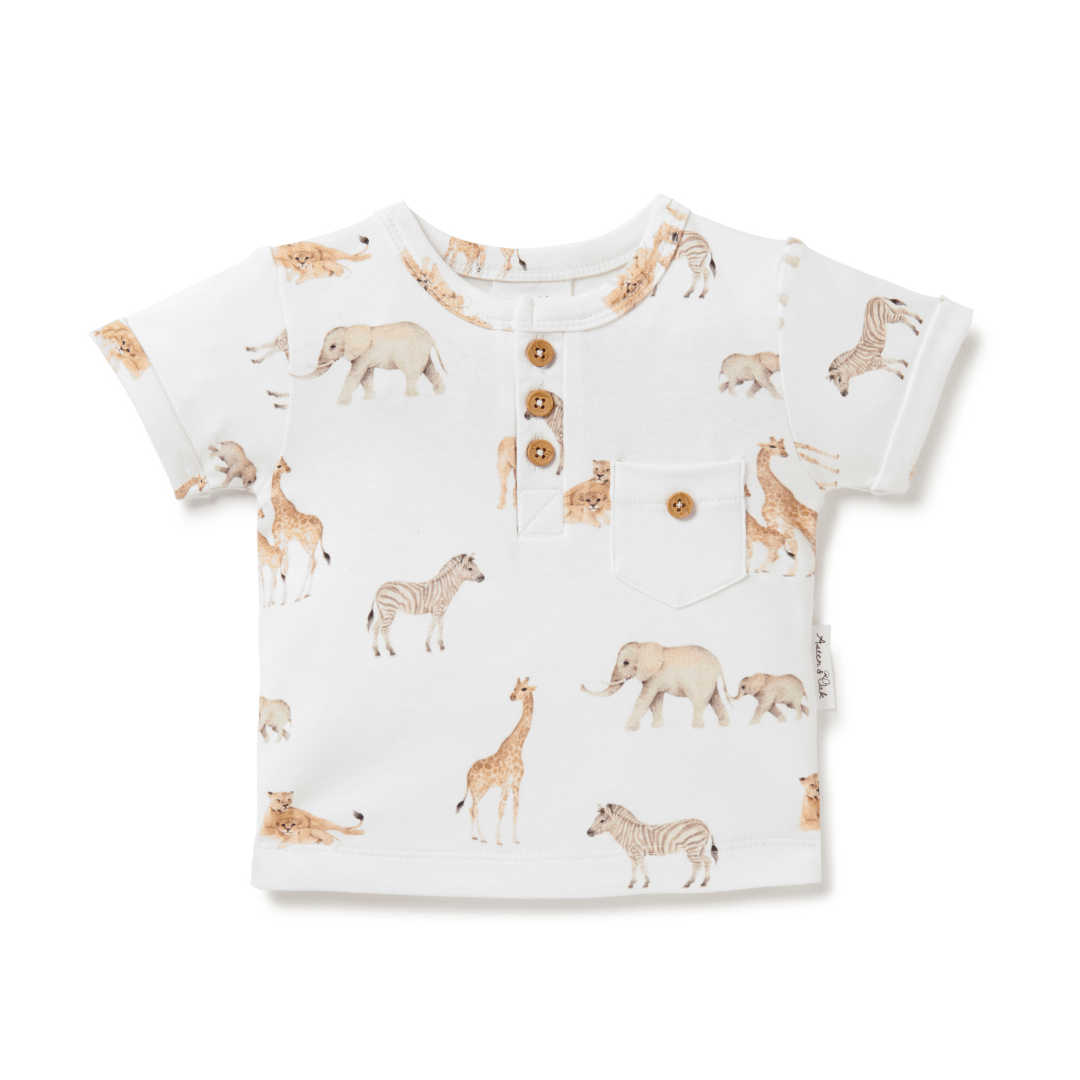 Hand-illustrated safari animal-patterned henley-style t-shirt for babies and kids, with three buttons at the neckline and a functional front pocket with a button