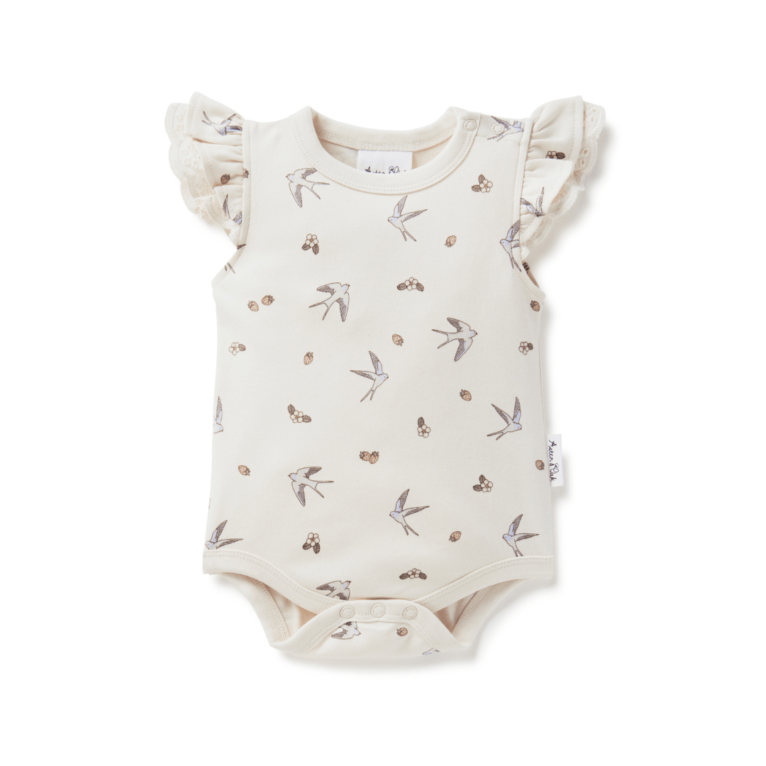 Baby onesie with flutter sleeves and snaps at the crotch, featuring a delicate swallow and strawberry print