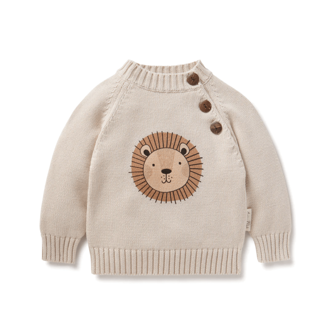 A cozy baby sweater with an Aster & Oak Organic Lion Knit Jumper.