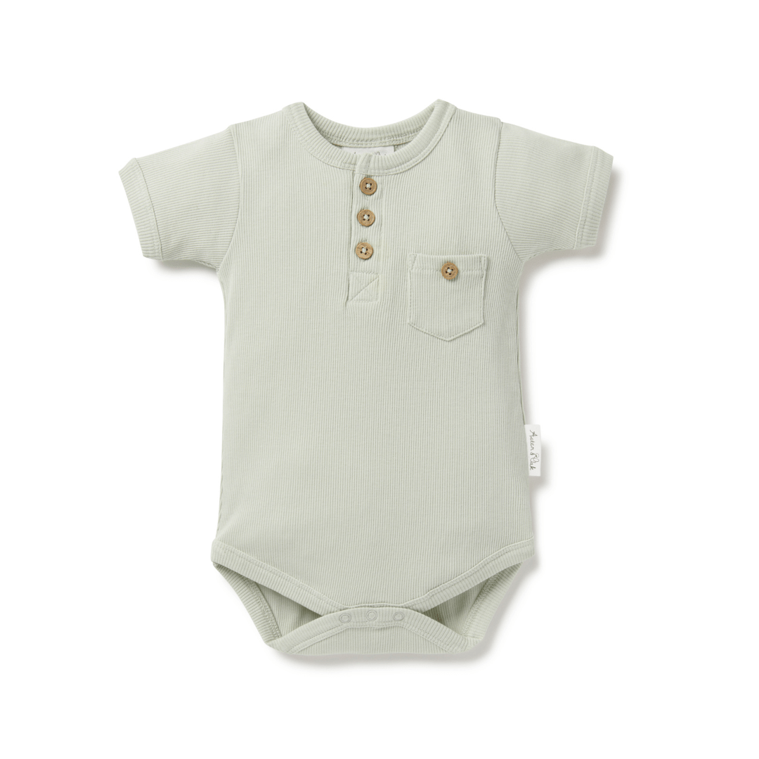 Aster & Oak Organic Rib Henley Onesie with buttons and a pocket on white background.