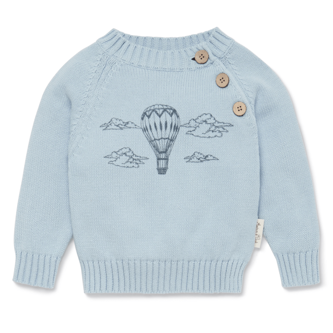 Aster & Oak Organic Air Balloon Knit Jumper with air balloon and cloud embroidery, featuring button details on the shoulder.