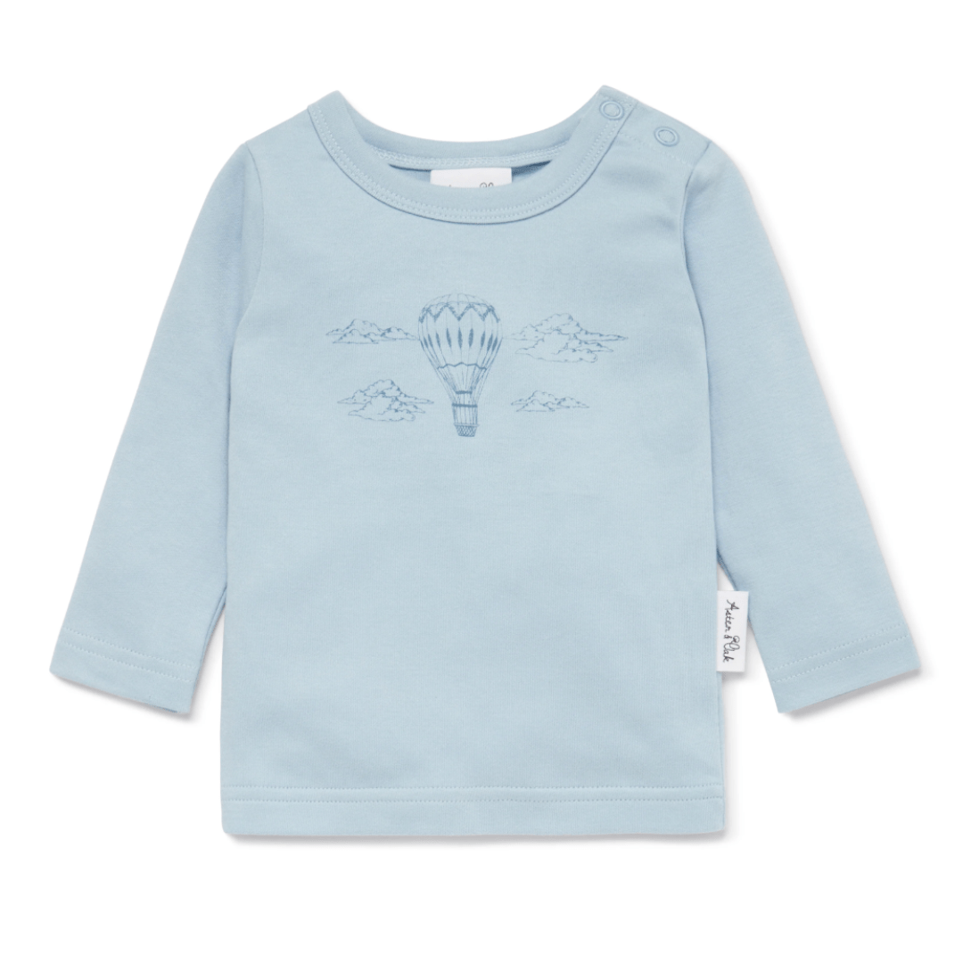 Baby's blue Aster & Oak Organic Air Balloon Long-Sleeved Top made from GOTS-certified organic cotton.
