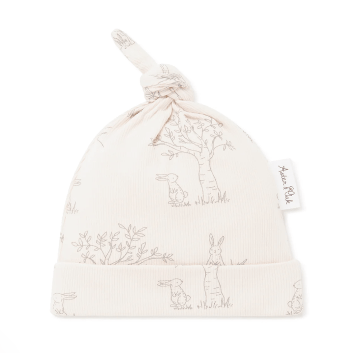 Baby's Aster & Oak Organic Bunny Luxe Rib Knot Hat with rabbit print and knotted design.