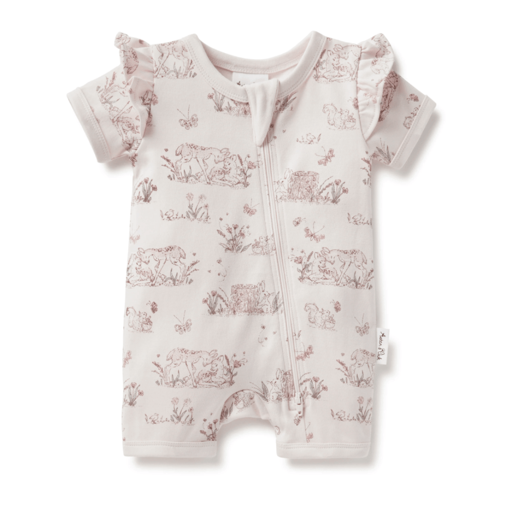 An Aster & Oak Organic Cotton Flutter Sleeve Zip Romper for delicate baby skin, adorned with adorable animals.