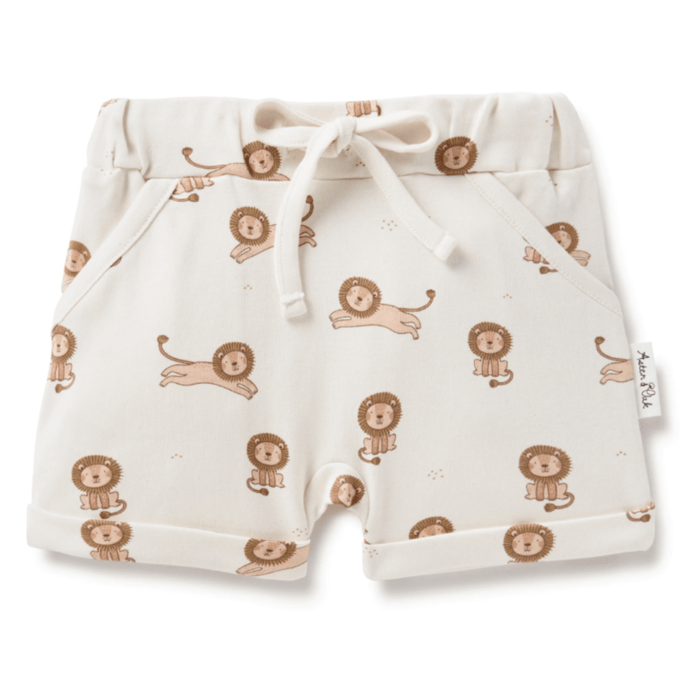 Aster & Oak Organic Cotton Harem Shorts with lions and an adjustable drawstring waist tie.