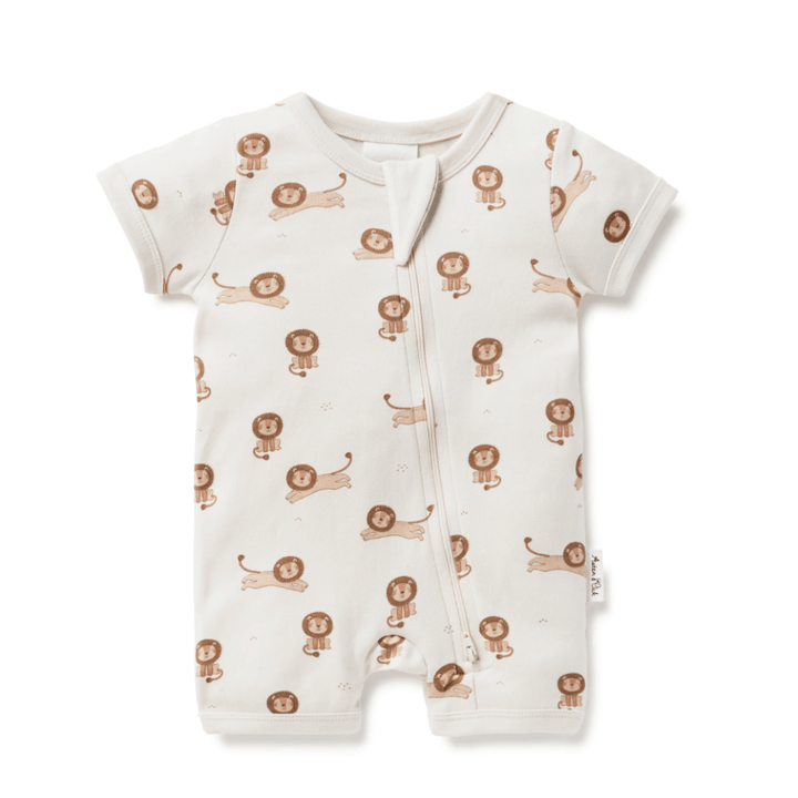 An Aster & Oak Organic Cotton Zip Romper with brown lions on it.