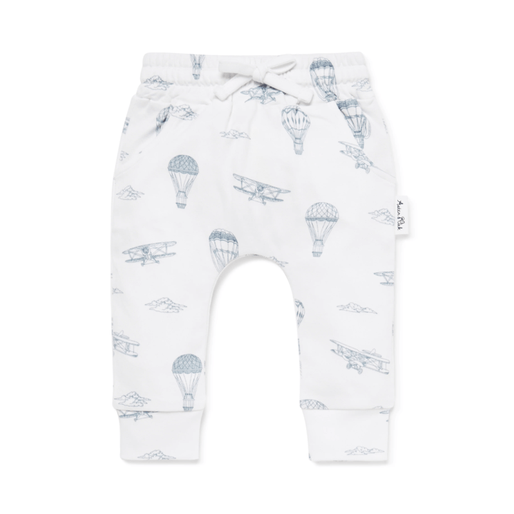 Toddler Aster & Oak Organic Harem Pants with hand-illustrated airplane and hot air balloon print on a white background.
