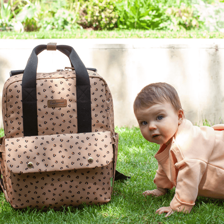 Baby-Crawling-Toward-Babymel-Georgi-Eco-Convertible-Nappy-Backpack-Caramel-Leopard-Naked-Baby-Eco-Boutique