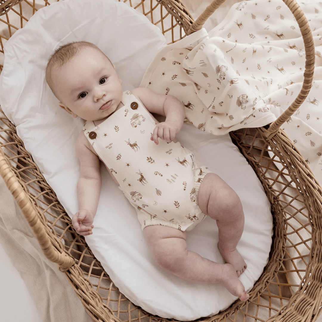 Baby-In-Bassinet-With-Aster-And-Oak-Organic-Happy-Holidays-Baby-Swaddle-Wrap-Naked-Baby-Eco-Boutique
