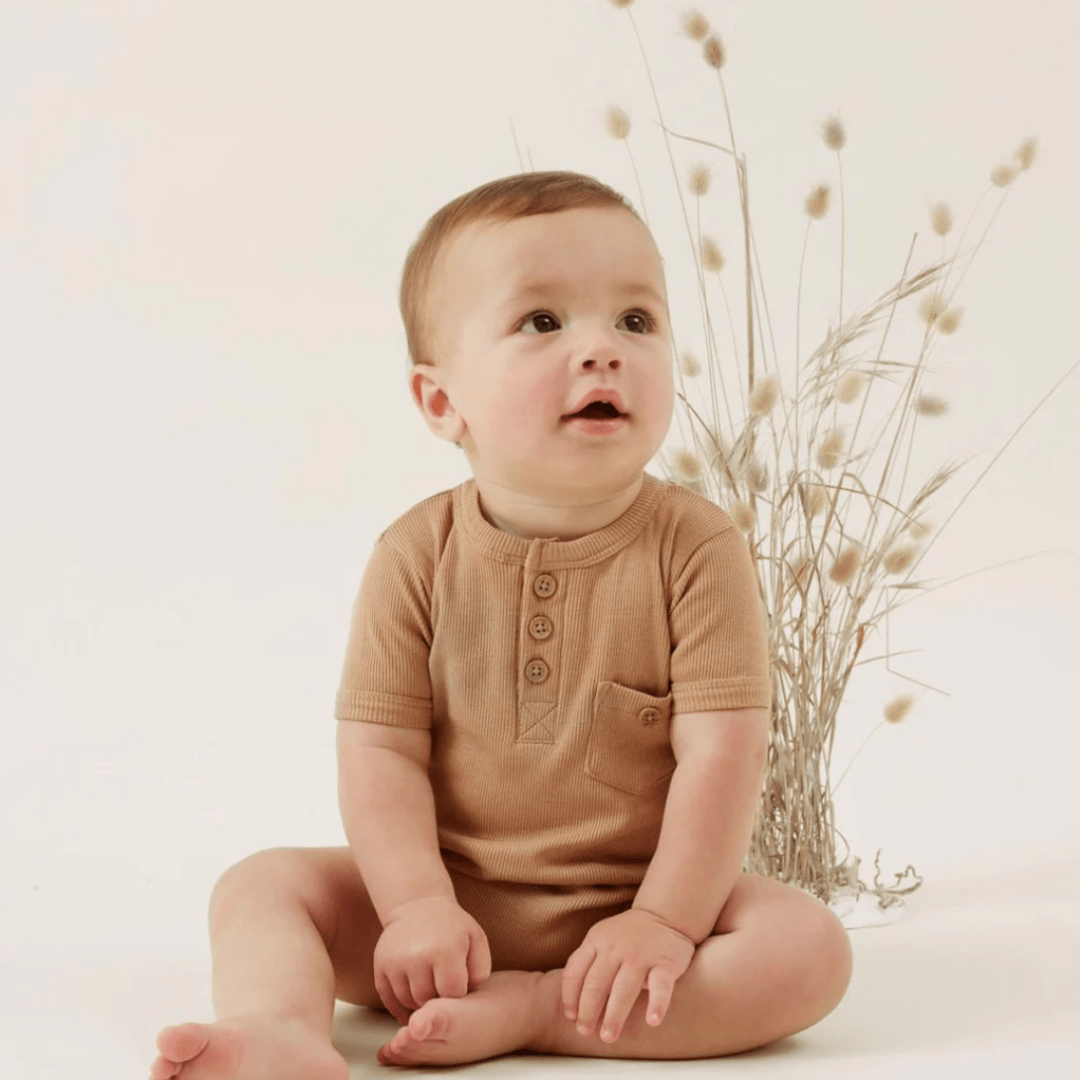 A baby in an Aster & Oak Organic Rib Henley Onesie sitting and looking to the side, with a bunch of dried plants in the background.