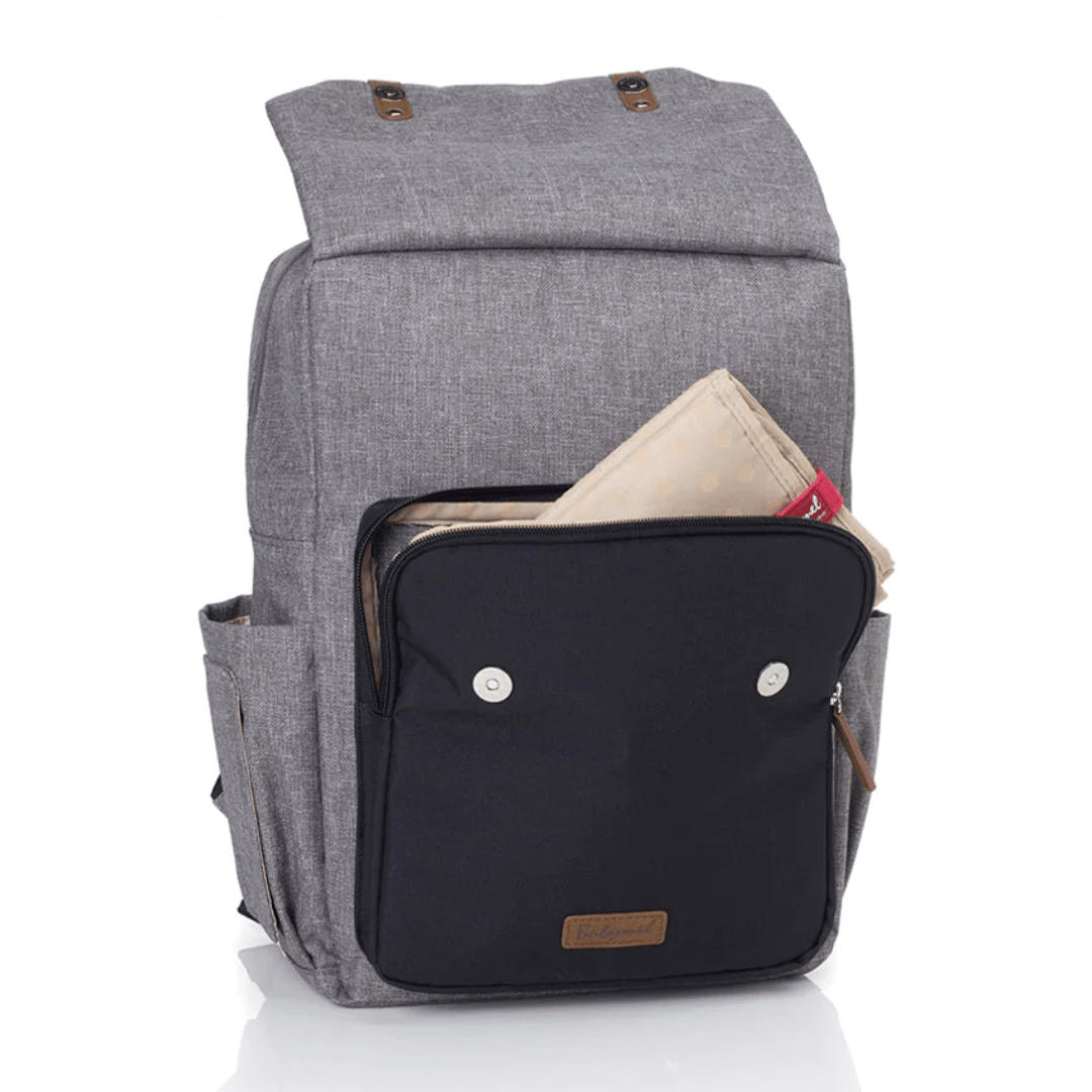 Babymel-George-Eco-Nappy-Backpack-Showing-Front-Pocket-wht-Change-Pad-Naked-Baby-Eco-Boutique