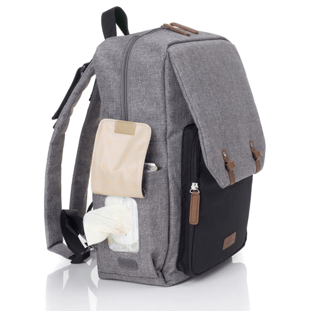 Babymel-George-Eco-Nappy-Backpack-Side-View-Showing-Wipes-Pocket-Naked-Baby-Eco-Boutique