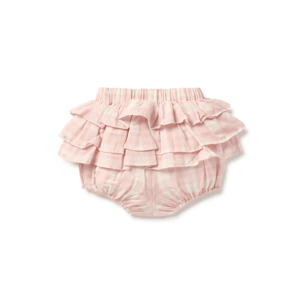 Back View Showing Three Layers Of Ruffles On Pink and White Gingham Baby Bloomers