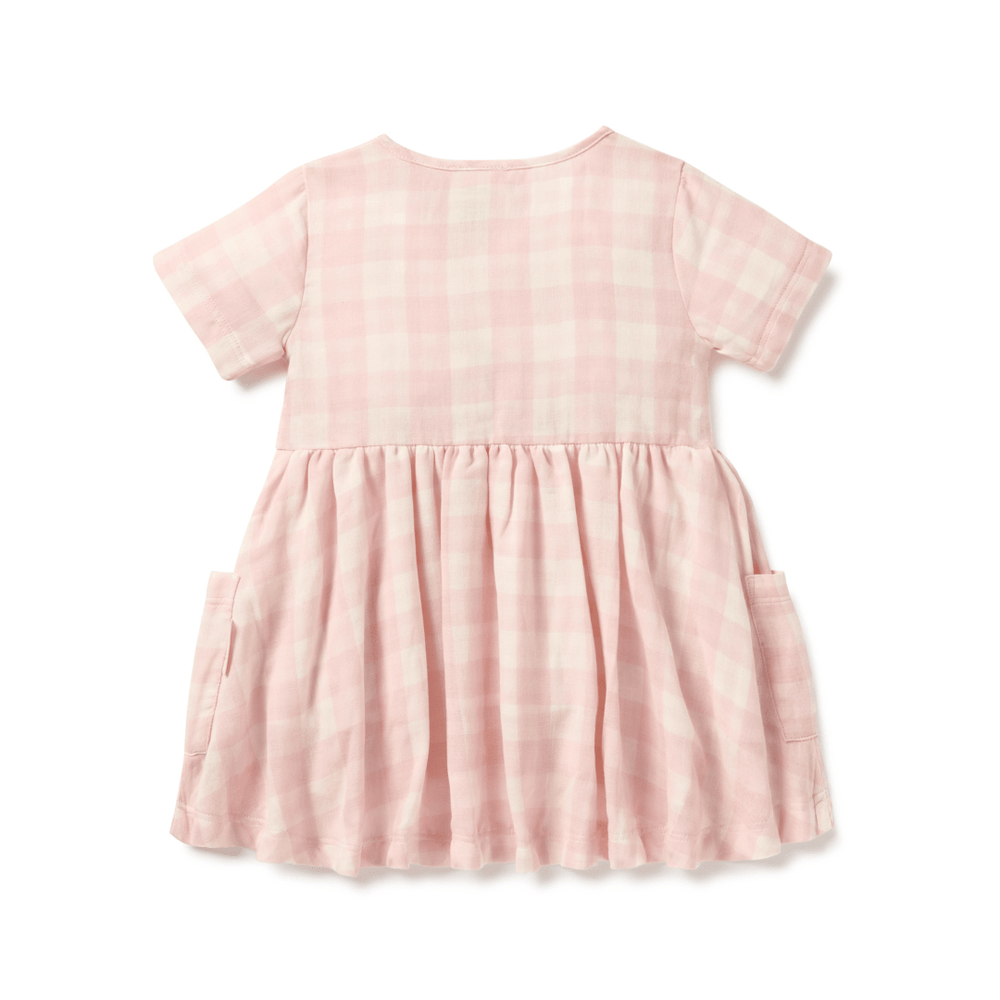 Back View of Pink & White Gingham Organic Dress For Babies & Kids