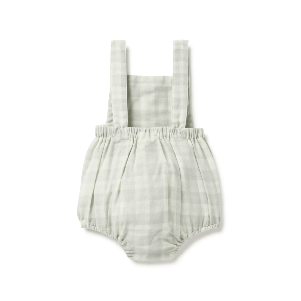 Back Side of Sage Gingham Baby Romper, Showing Lower Waist, Higher Front, and Straps