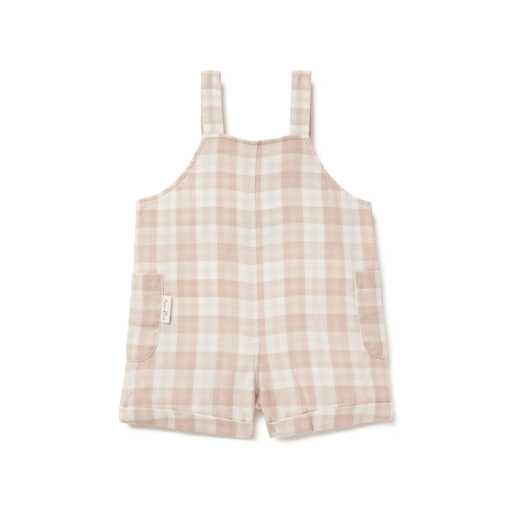 Back View Of Taupe Gingham Organic Short Overalls For Babies & Kids, Showing Aster & Oak Label Tag
