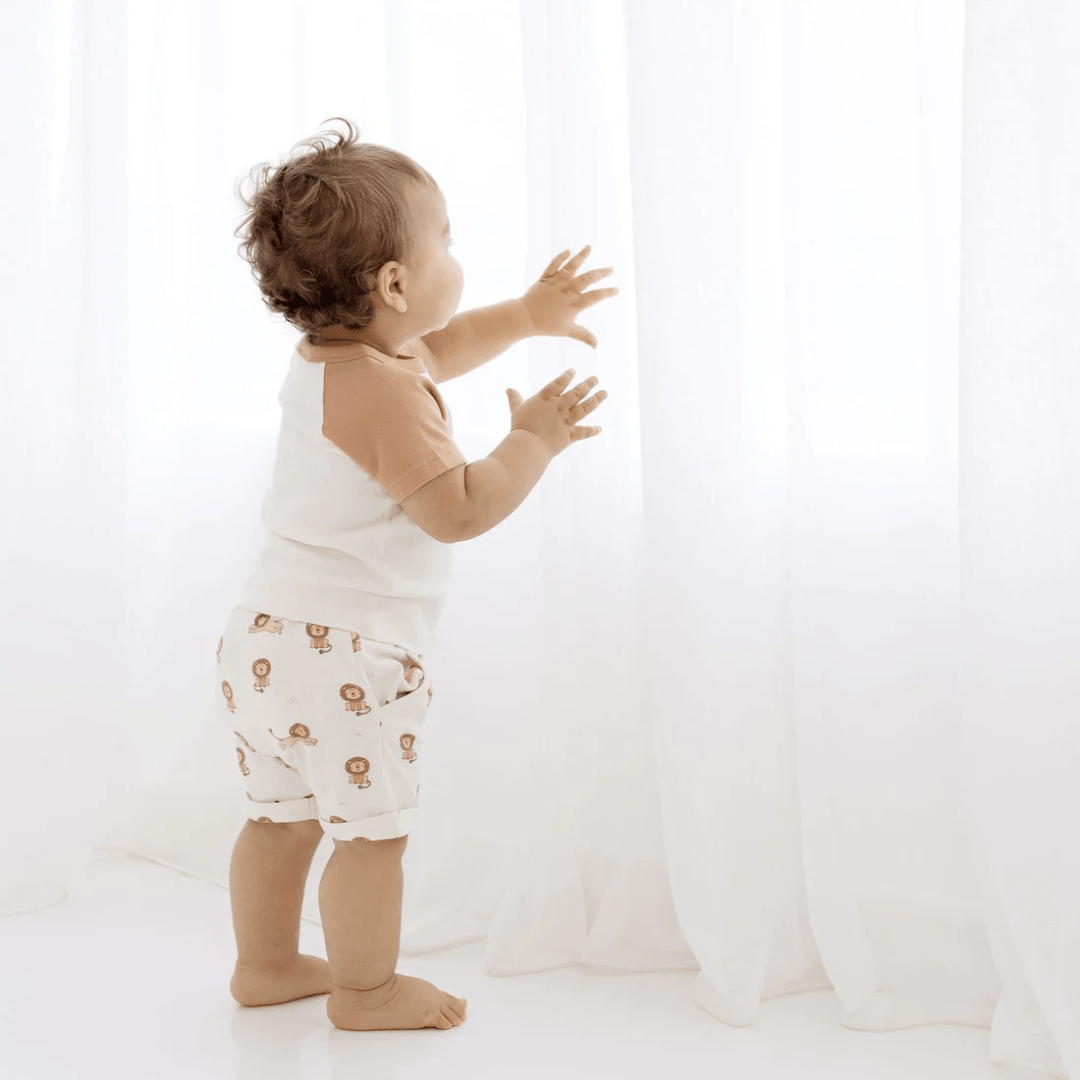 A baby is standing in front of a white curtain wearing an Aster & Oak organic cotton Lion Print Top.