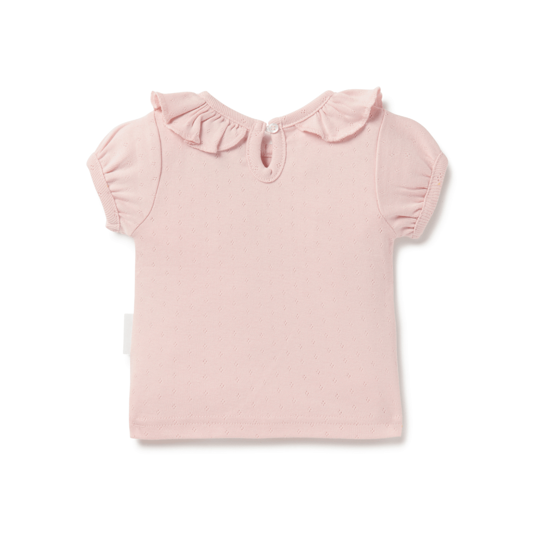 An Aster & Oak Organic Cotton Pointelle Ruffle Top with GOTS certification and pink color.