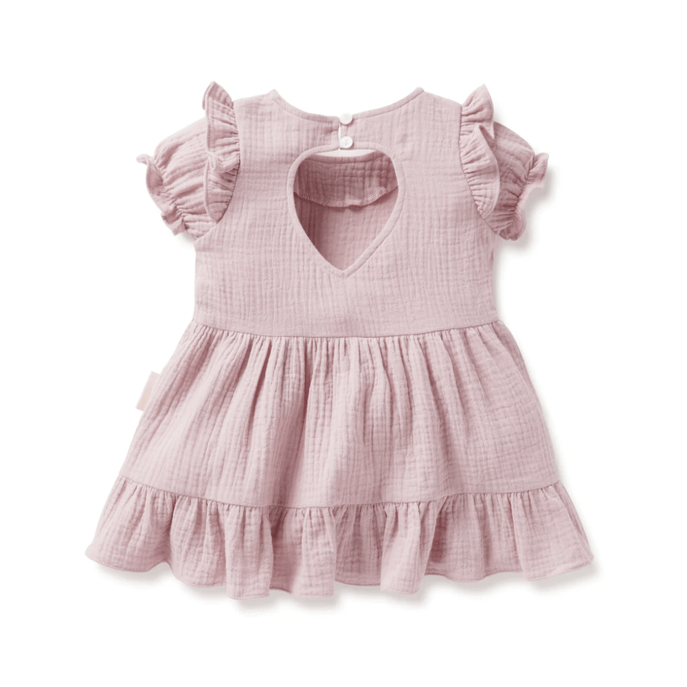 A baby girl's pink dress with ruffled sleeves is available at Aster & Oak OUTLET.